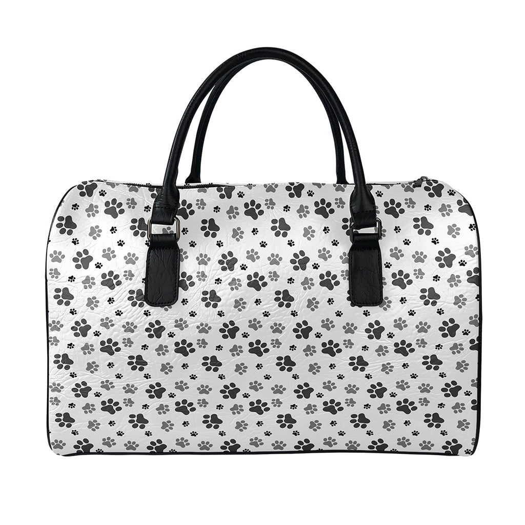 Grey Animal Paw Pattern Print Leather Duffle Bag