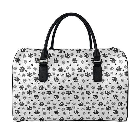 Grey Animal Paw Pattern Print Leather Duffle Bag