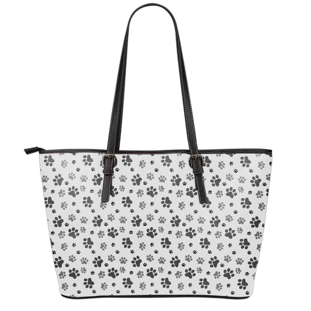 Grey Animal Paw Pattern Print Leather Tote Bag