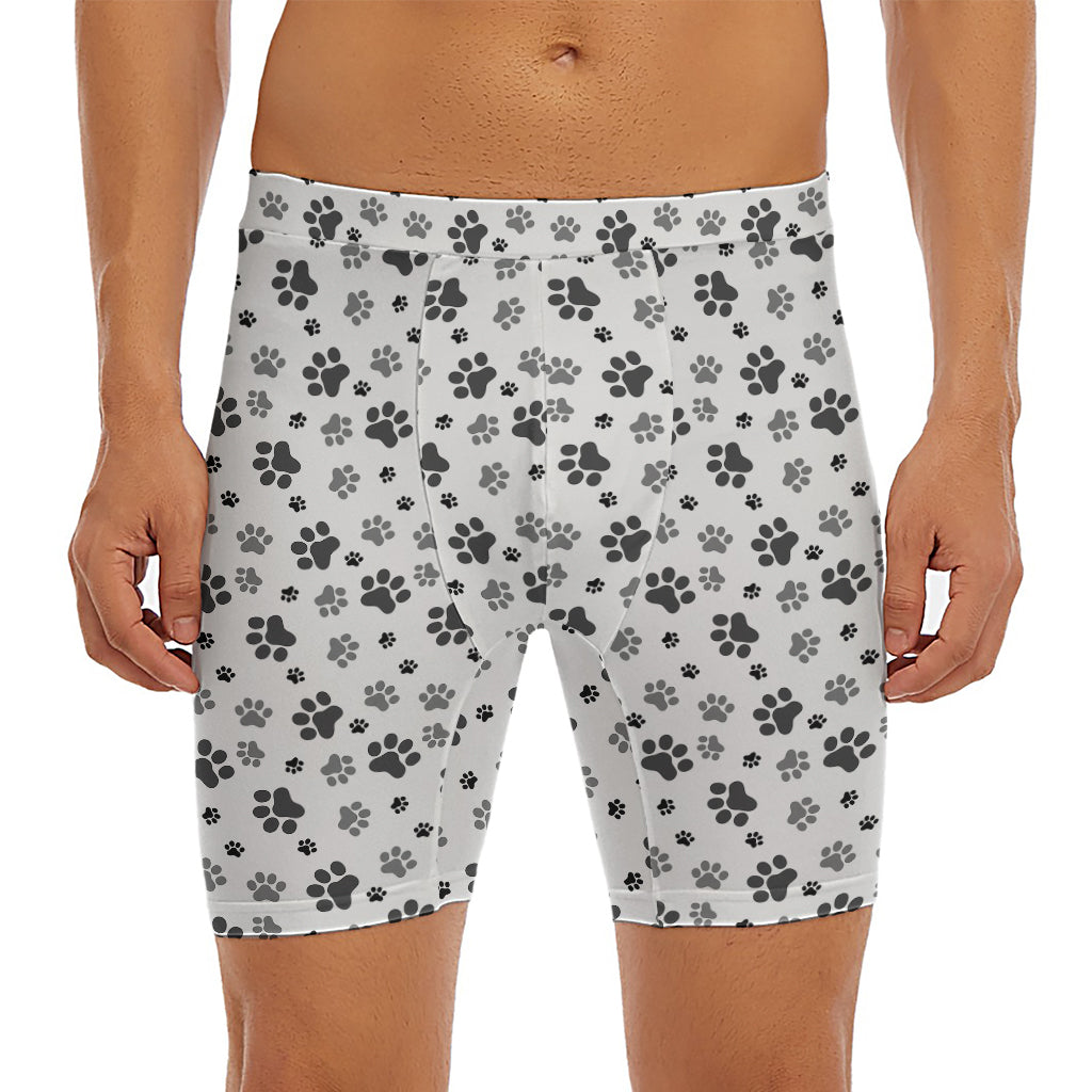 Grey Animal Paw Pattern Print Men's Long Boxer Briefs