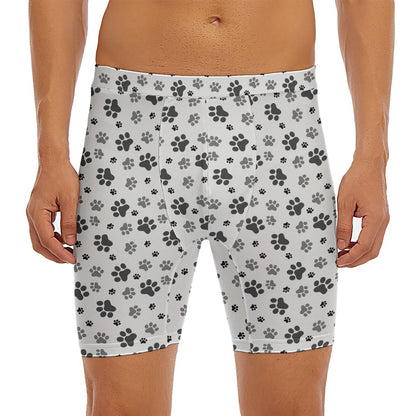 Grey Animal Paw Pattern Print Men's Long Boxer Briefs