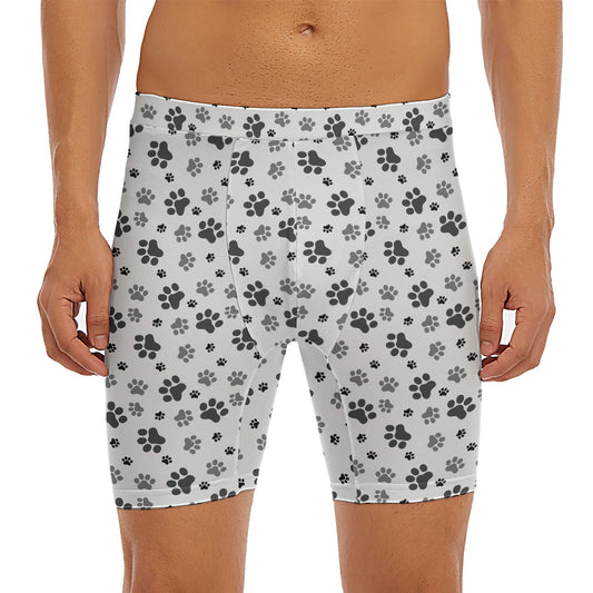 Grey Animal Paw Pattern Print Men's Long Boxer Briefs