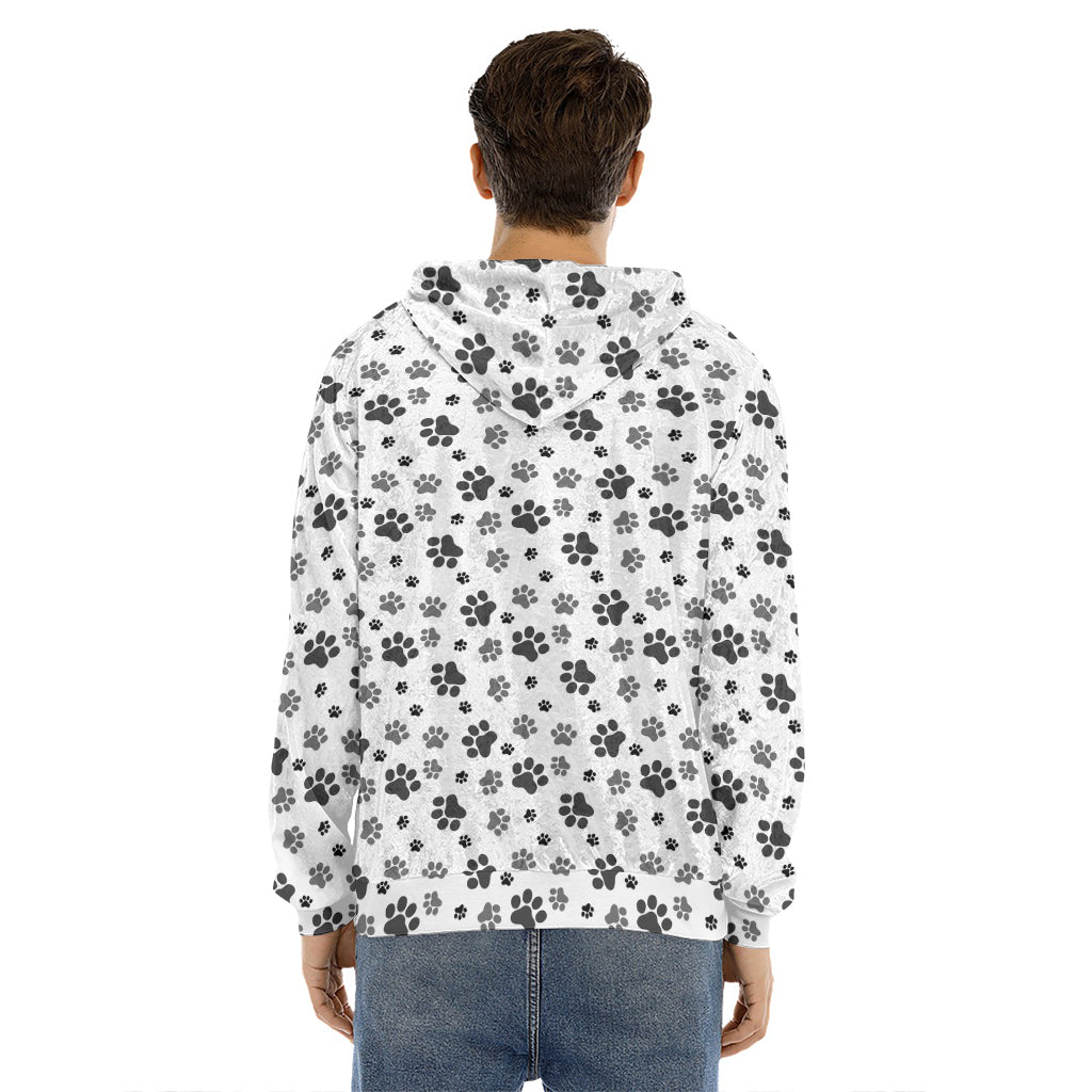 Grey Animal Paw Pattern Print Men's Velvet Pullover Hoodie