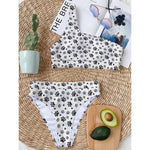 Grey Animal Paw Pattern Print One Shoulder Bikini Top