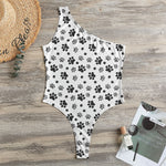 Grey Animal Paw Pattern Print One Shoulder Bodysuit