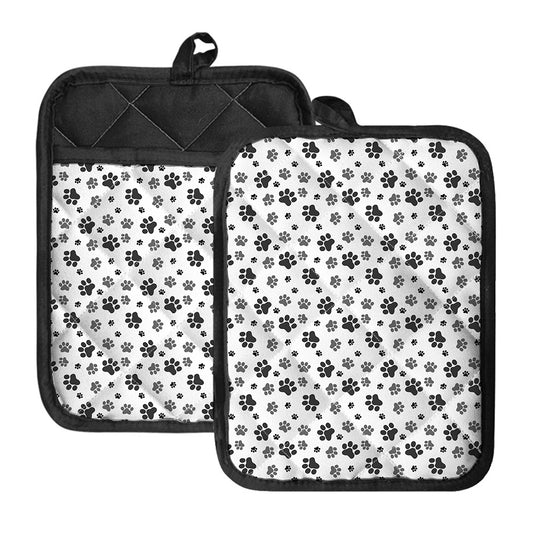 Grey Animal Paw Pattern Print Pot Holders With Pocket