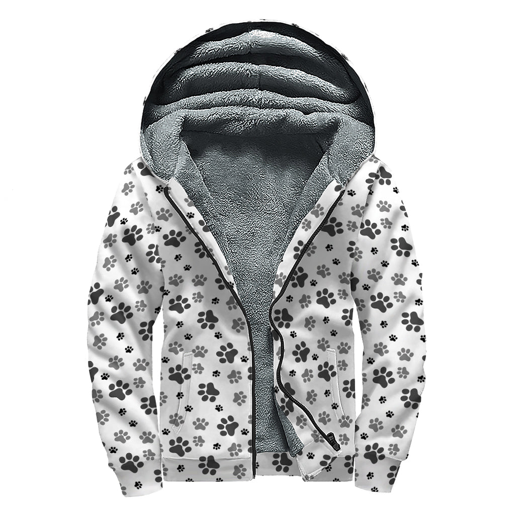 Grey Animal Paw Pattern Print Sherpa Lined Zip Up Hoodie
