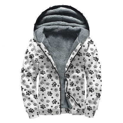 Grey Animal Paw Pattern Print Sherpa Lined Zip Up Hoodie