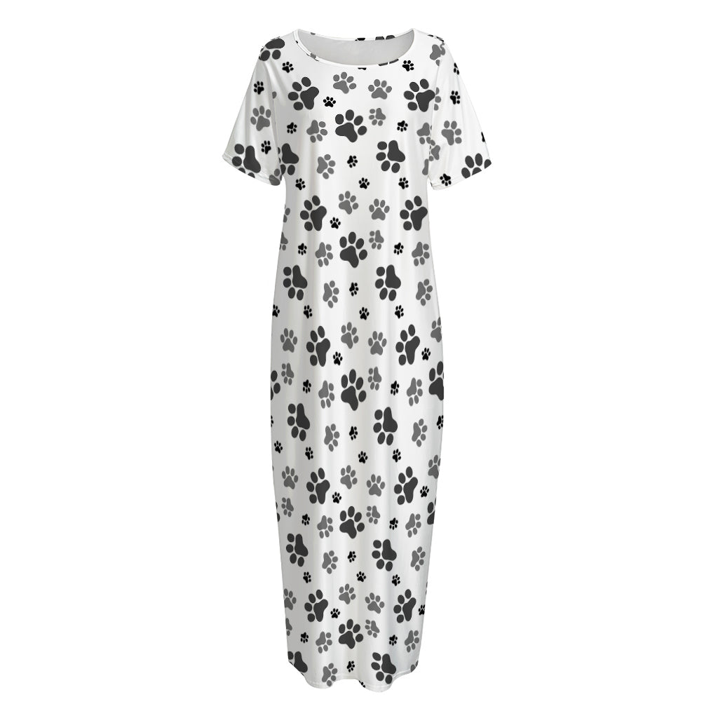 Grey Animal Paw Pattern Print Short Sleeve Long Nightdress