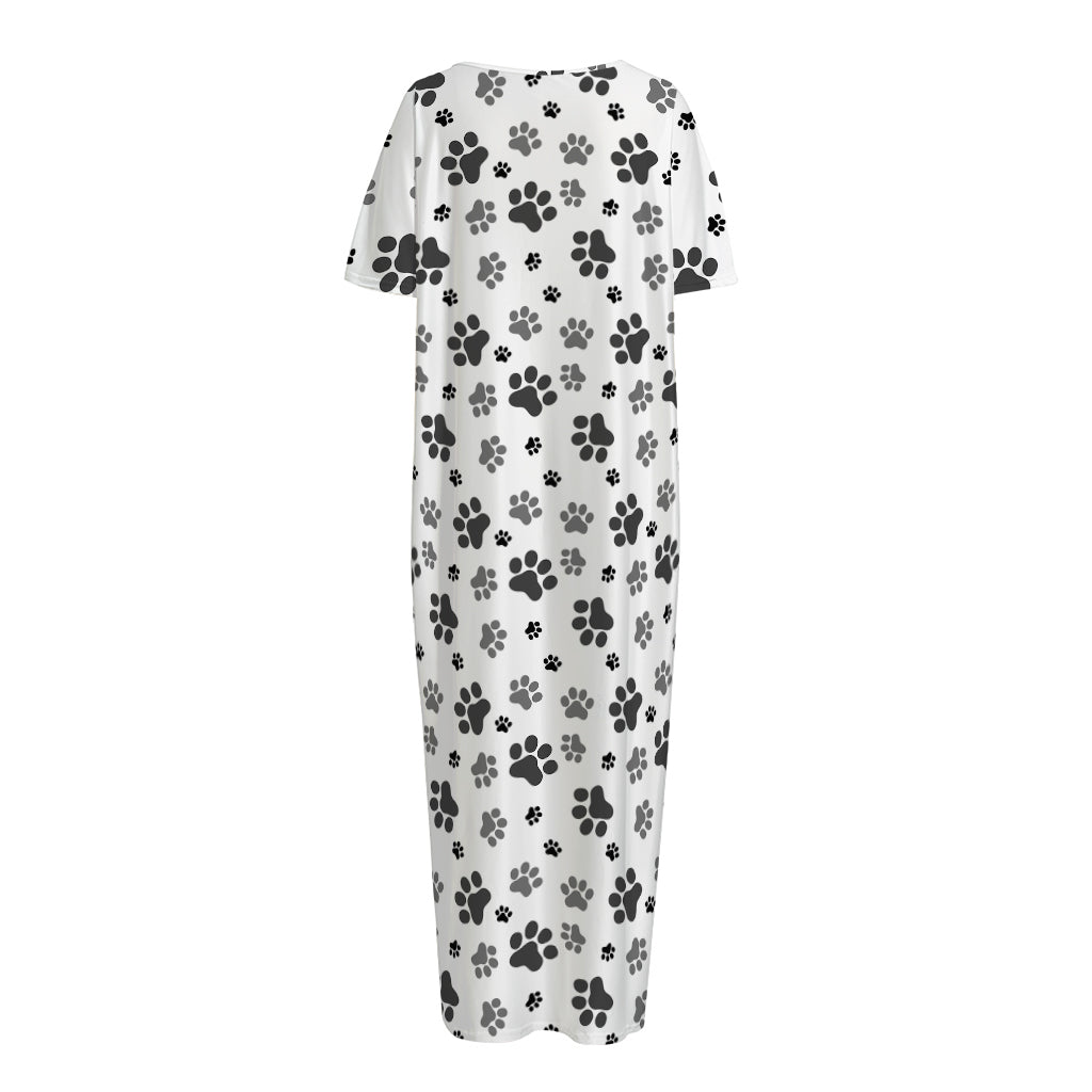 Grey Animal Paw Pattern Print Short Sleeve Long Nightdress