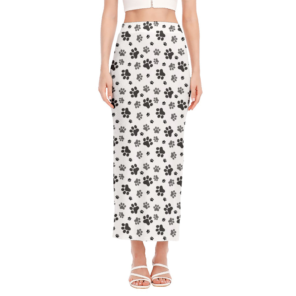 Grey Animal Paw Pattern Print Side Slit Maxi Skirt