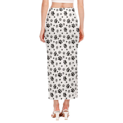 Grey Animal Paw Pattern Print Side Slit Maxi Skirt