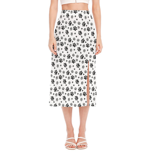 Grey Animal Paw Pattern Print Side Slit Midi Skirt