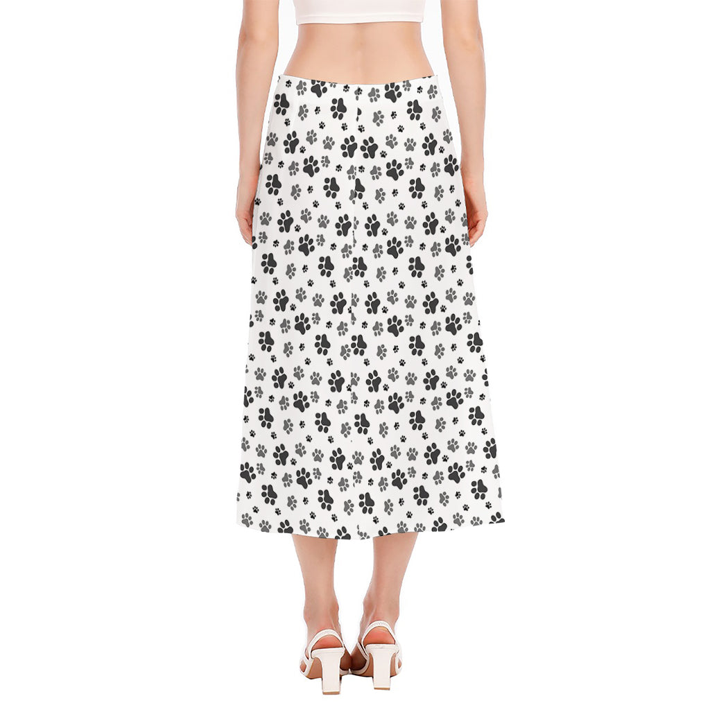 Grey Animal Paw Pattern Print Side Slit Midi Skirt