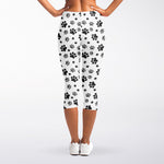 Grey Animal Paw Pattern Print Women's Capri Leggings