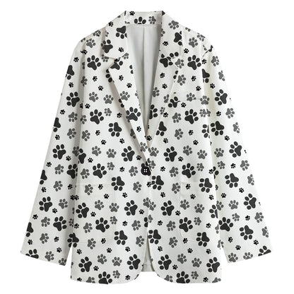 Grey Animal Paw Pattern Print Women's Cotton Blazer