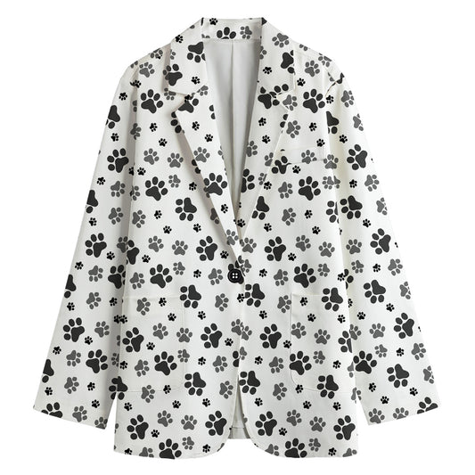 Grey Animal Paw Pattern Print Women's Cotton Blazer