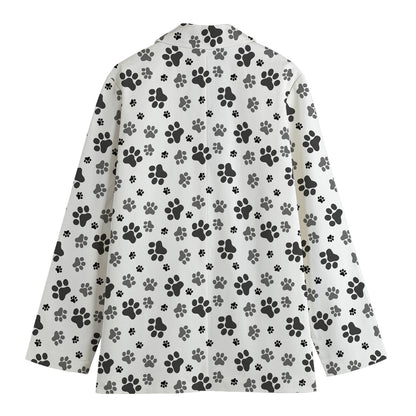Grey Animal Paw Pattern Print Women's Cotton Blazer