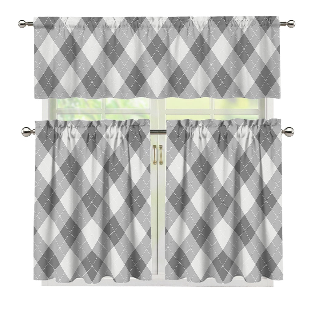 Grey Argyle Pattern Print 3 Piece Kitchen Curtains