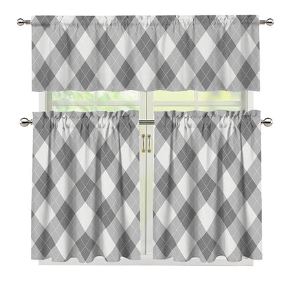 Grey Argyle Pattern Print 3 Piece Kitchen Curtains