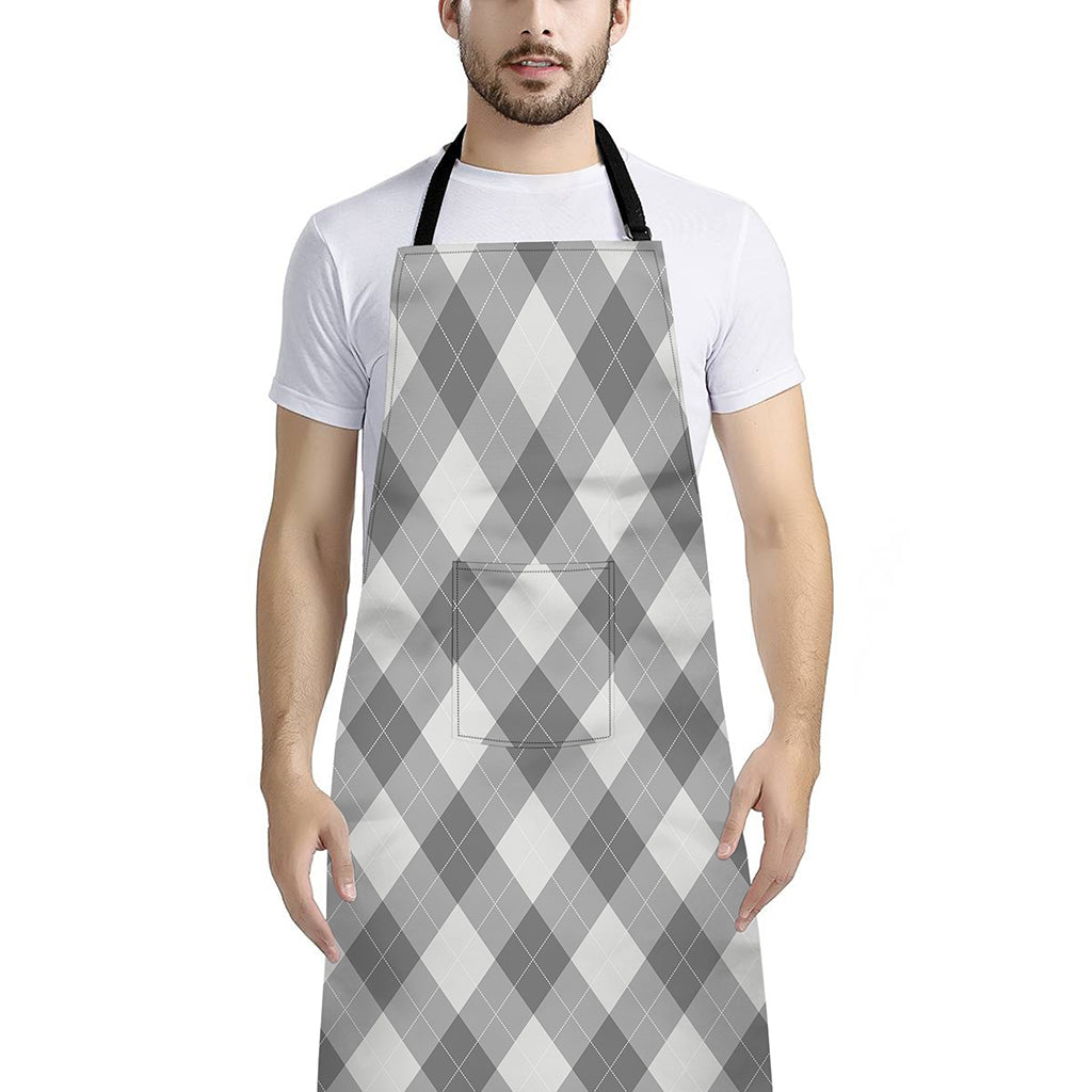 Grey Argyle Pattern Print Bib Apron With Pocket