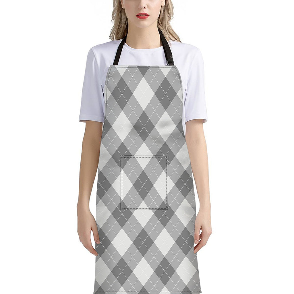 Grey Argyle Pattern Print Bib Apron With Pocket