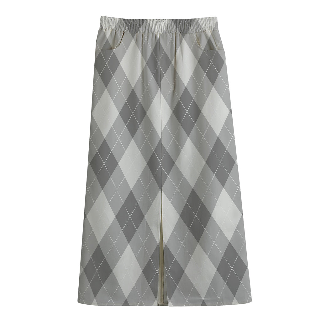 Grey Argyle Pattern Print Cotton Front Slit Maxi Skirt