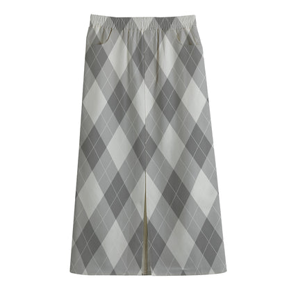 Grey Argyle Pattern Print Cotton Front Slit Maxi Skirt