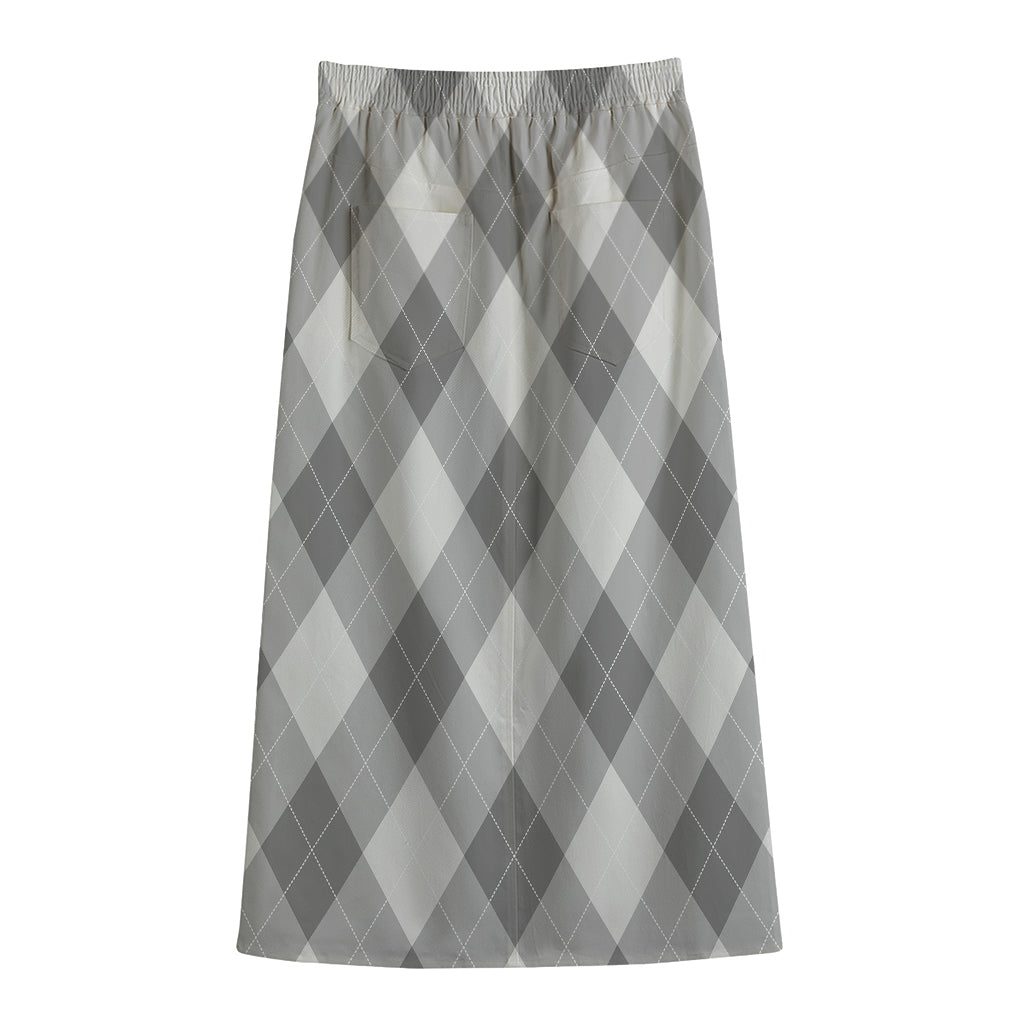 Grey Argyle Pattern Print Cotton Front Slit Maxi Skirt