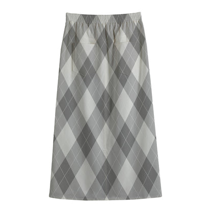 Grey Argyle Pattern Print Cotton Front Slit Maxi Skirt