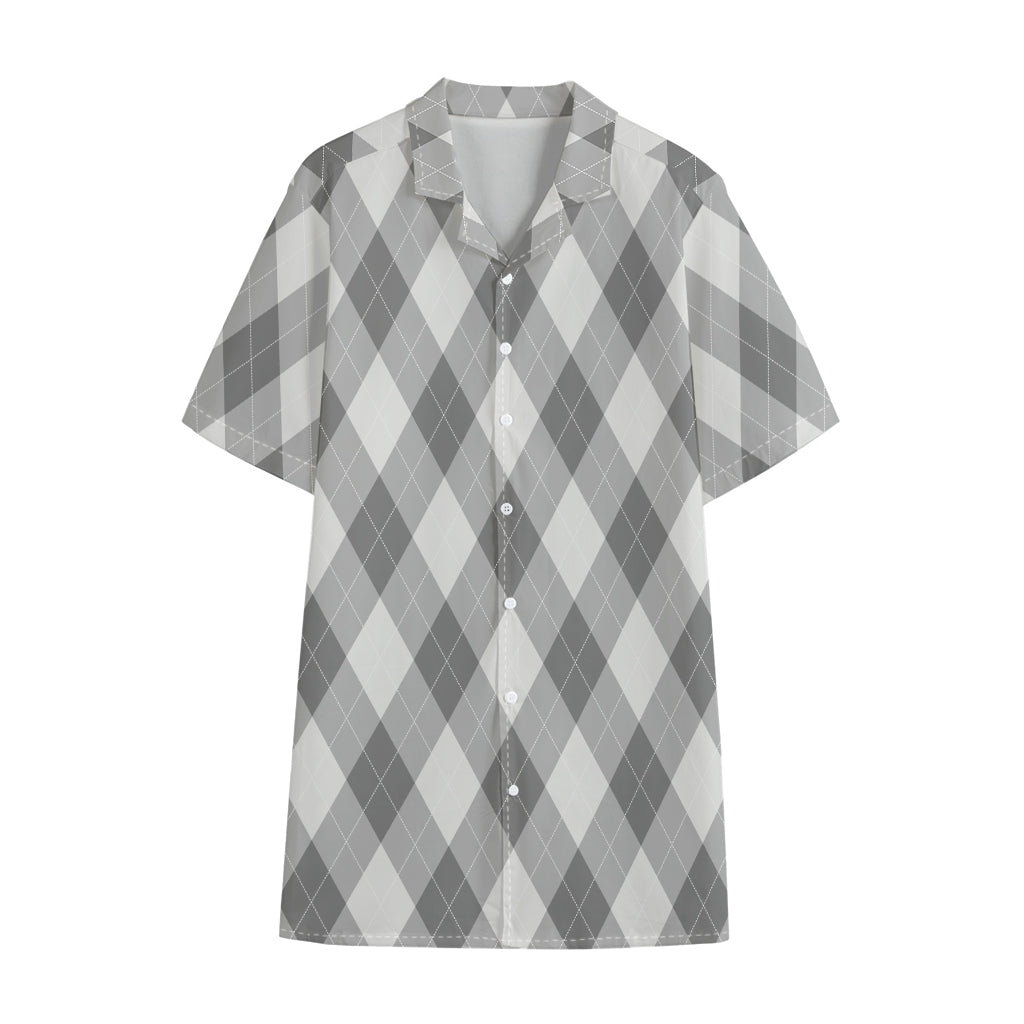 Grey Argyle Pattern Print Cotton Hawaiian Shirt