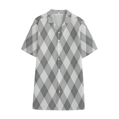 Grey Argyle Pattern Print Cotton Hawaiian Shirt