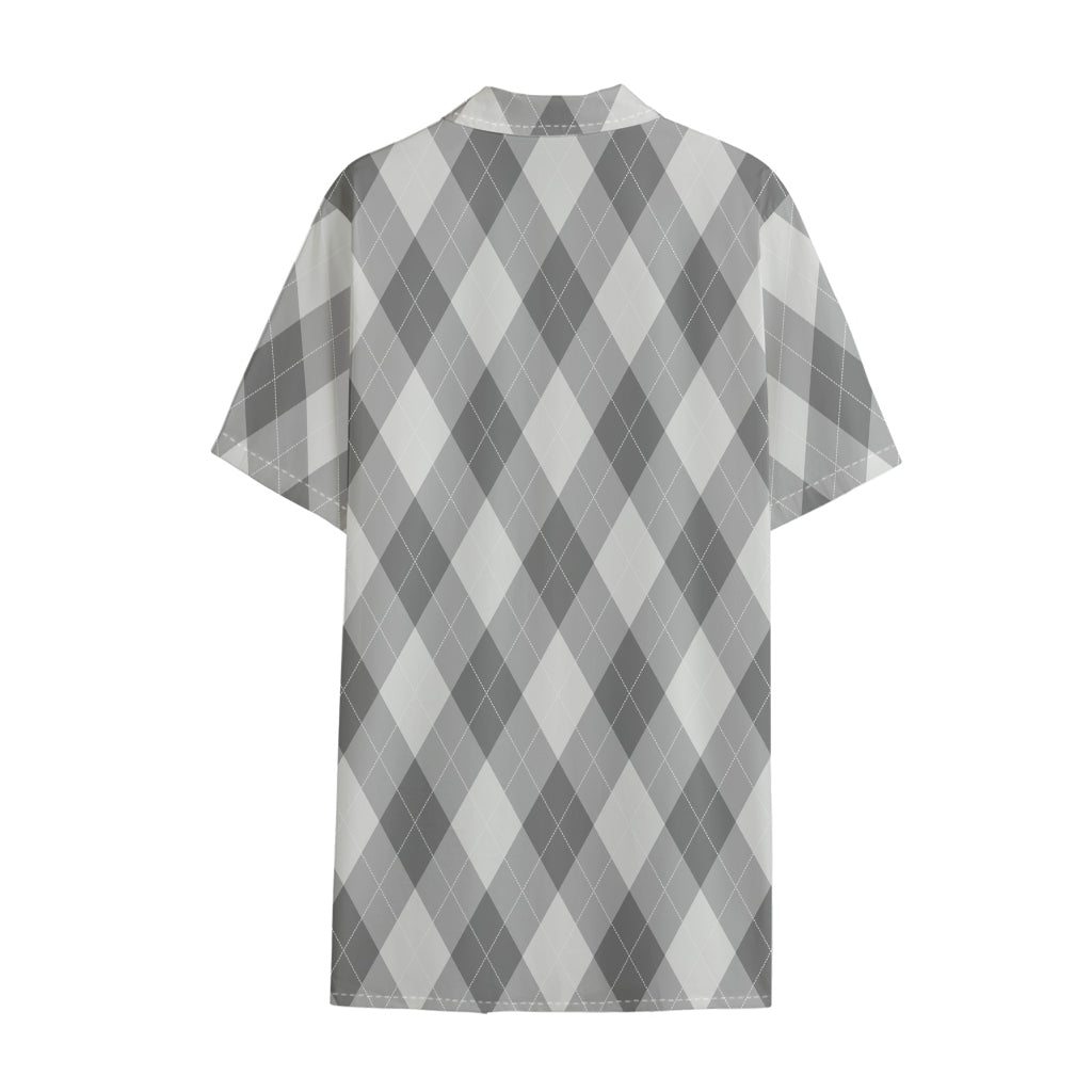 Grey Argyle Pattern Print Cotton Hawaiian Shirt