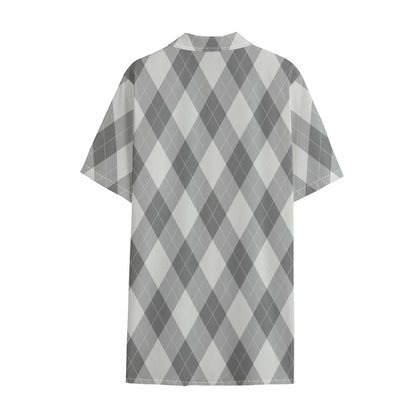 Grey Argyle Pattern Print Cotton Hawaiian Shirt
