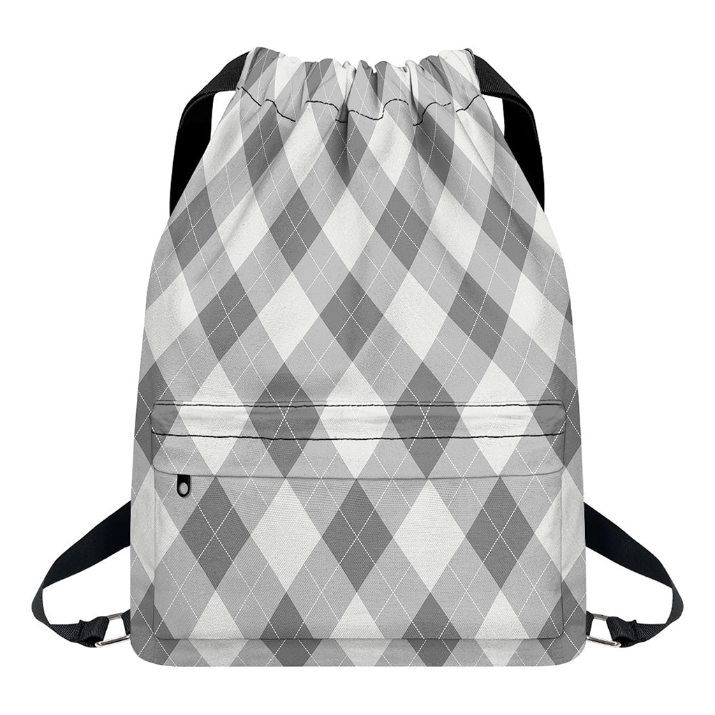 Grey Argyle Pattern Print Drawstring Backpack