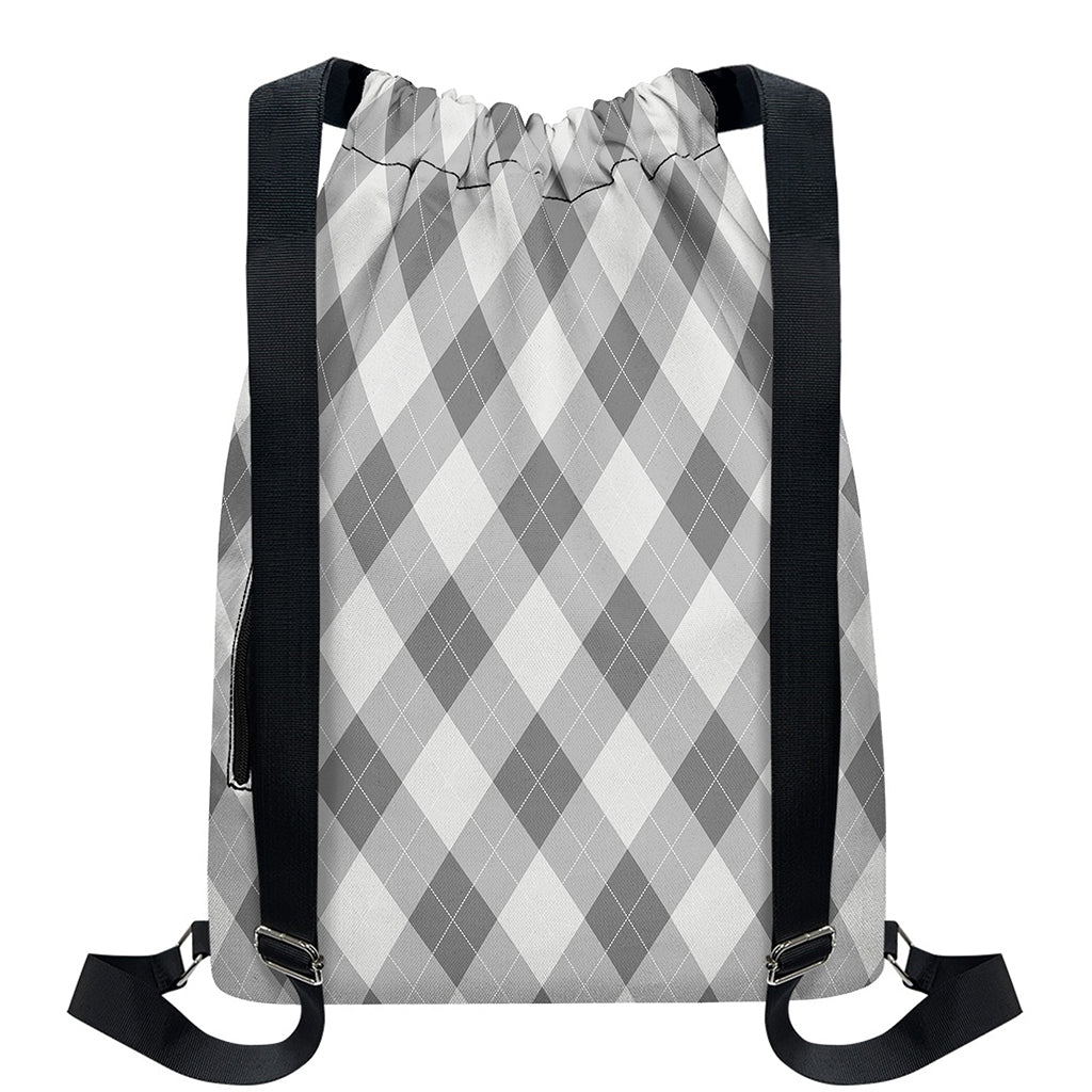 Grey Argyle Pattern Print Drawstring Backpack