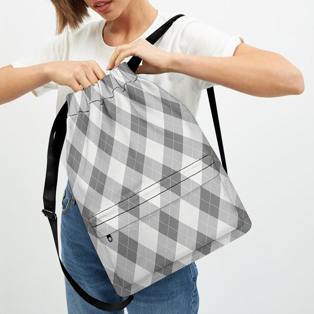 Grey Argyle Pattern Print Drawstring Backpack