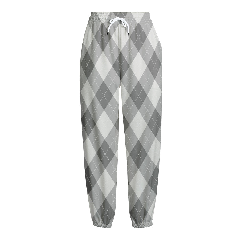 Grey Argyle Pattern Print Fleece Lined Knit Pants