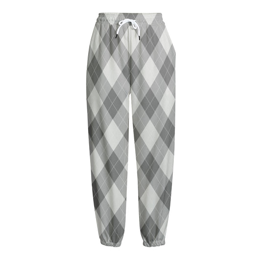 Grey Argyle Pattern Print Fleece Lined Knit Pants