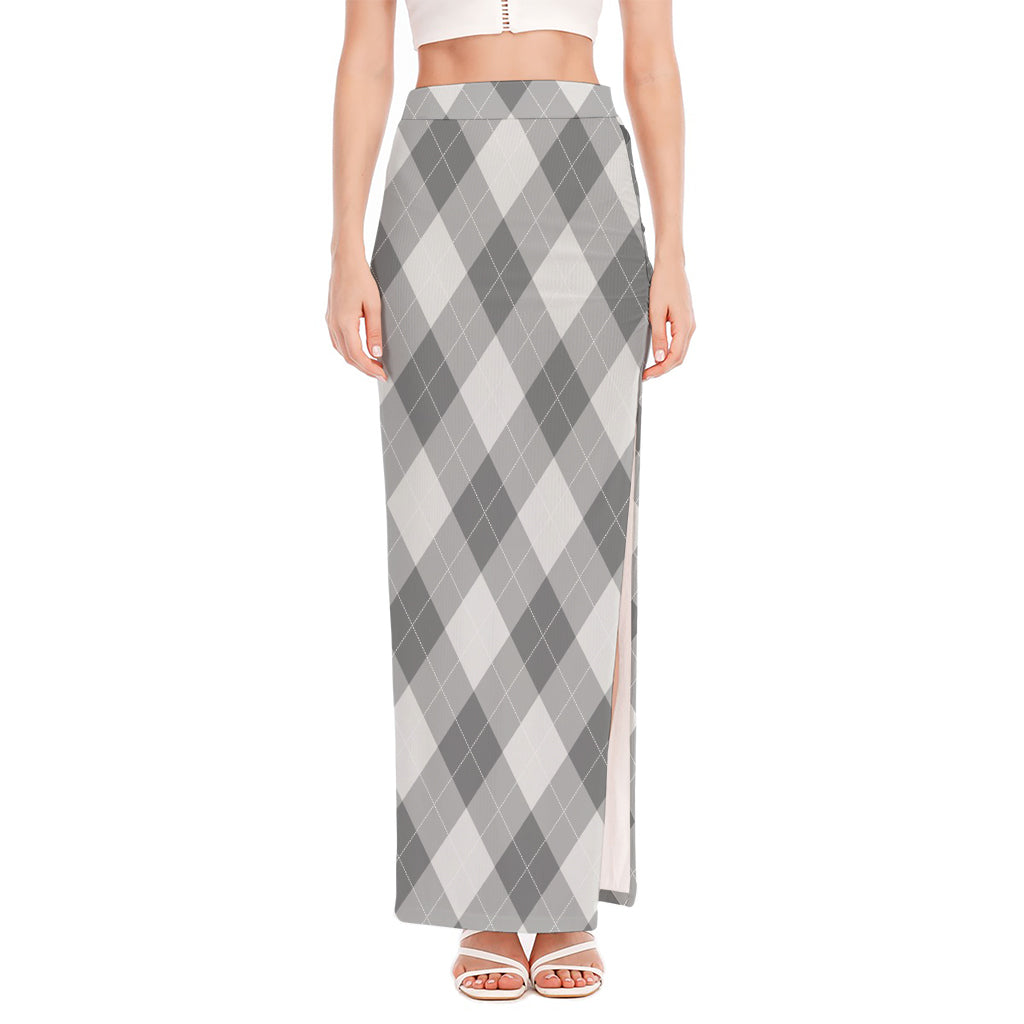 Grey Argyle Pattern Print High Slit Maxi Skirt