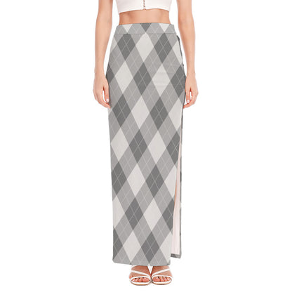 Grey Argyle Pattern Print High Slit Maxi Skirt