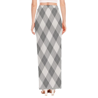 Grey Argyle Pattern Print High Slit Maxi Skirt