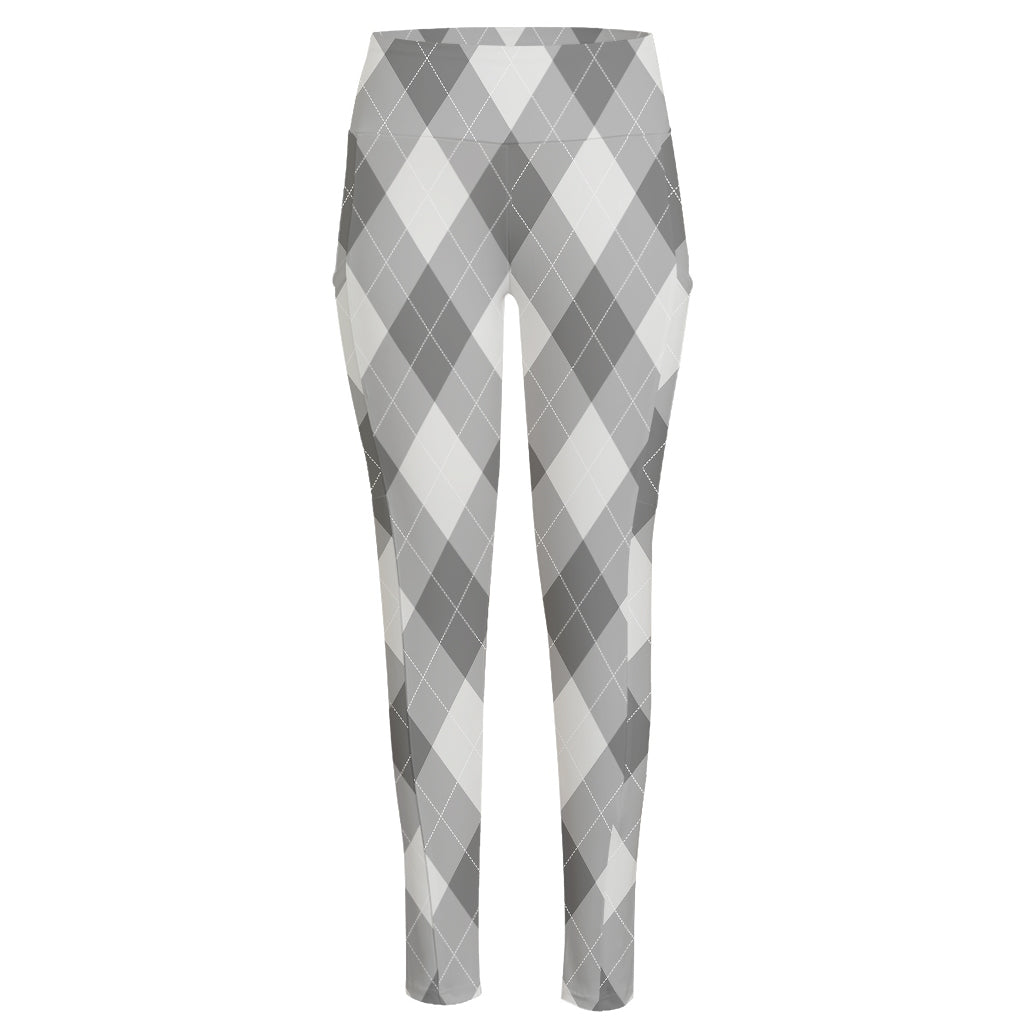Grey Argyle Pattern Print High-Waisted Pocket Leggings