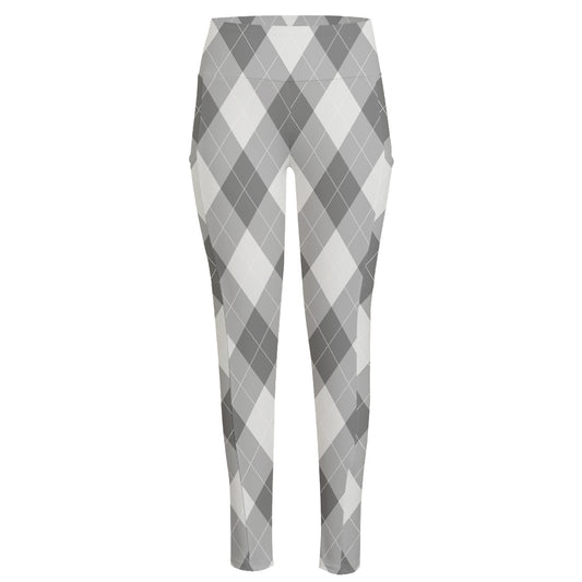 Grey Argyle Pattern Print High-Waisted Pocket Leggings