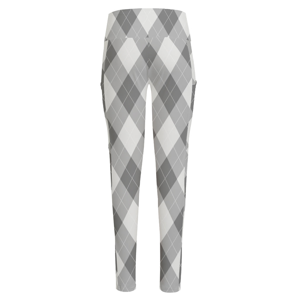 Grey Argyle Pattern Print High-Waisted Pocket Leggings