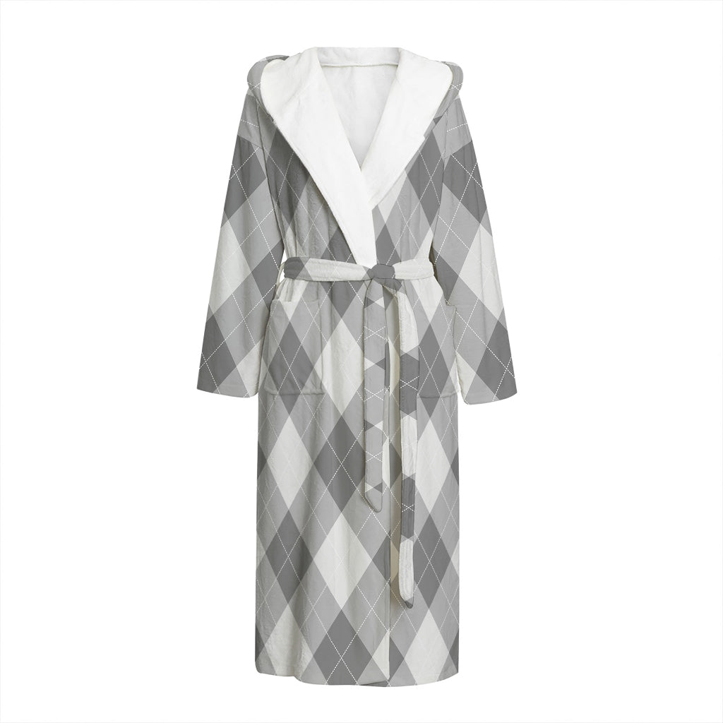 Grey Argyle Pattern Print Hooded Bathrobe