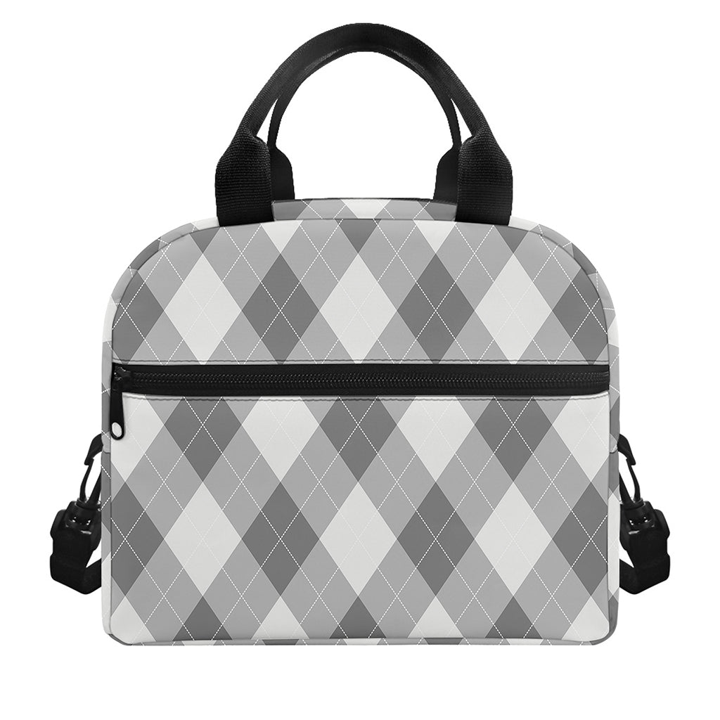 Grey Argyle Pattern Print Insulated Lunch Bag