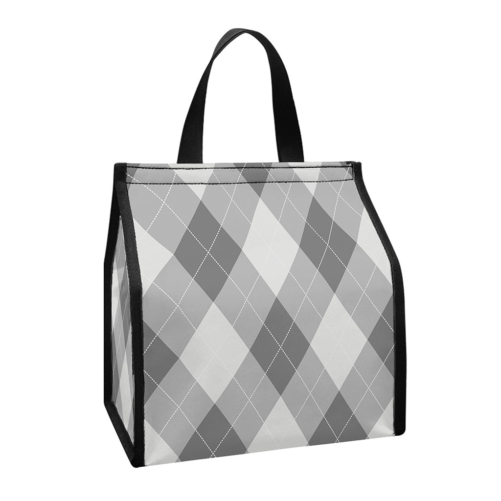 Grey Argyle Pattern Print Insulated Lunch Tote