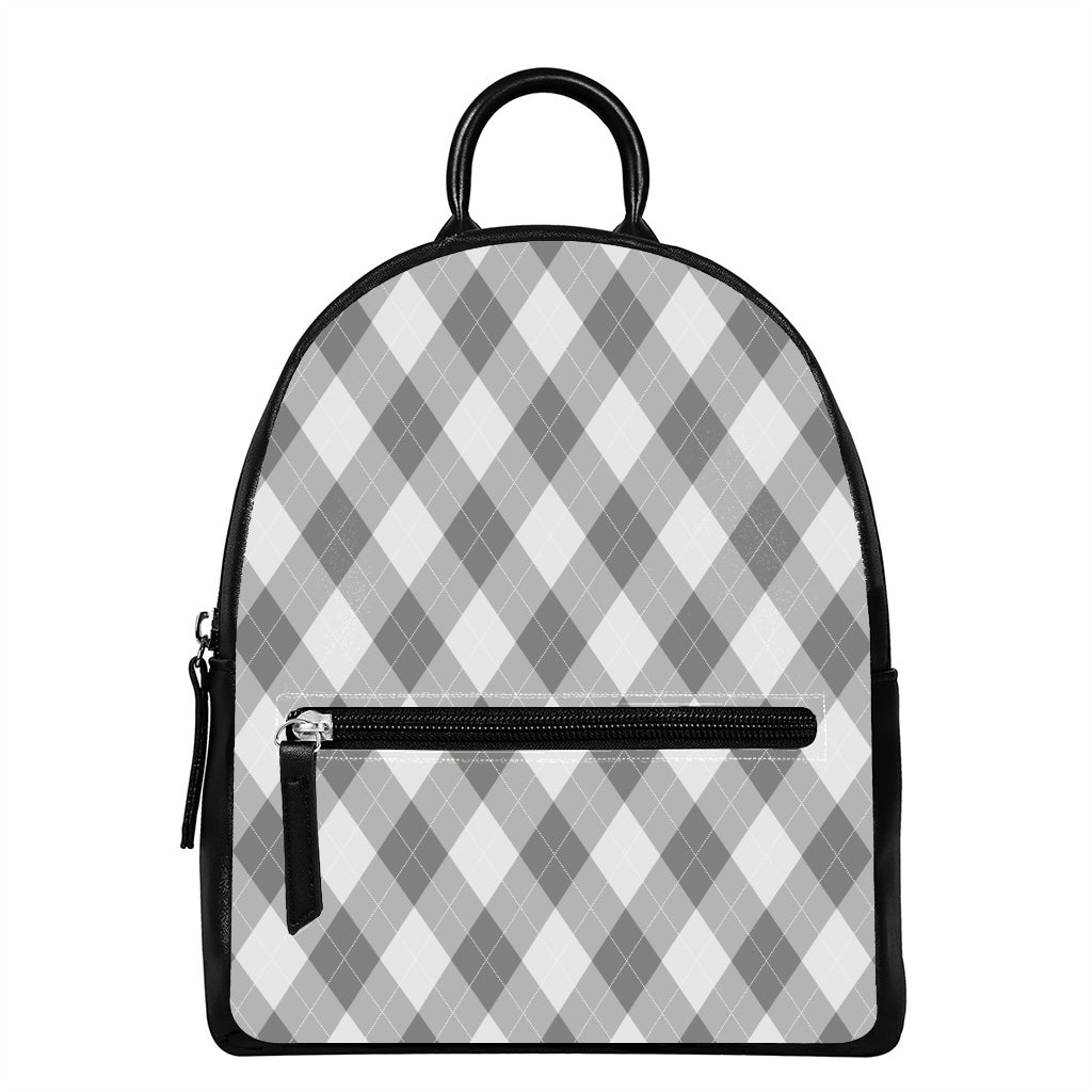 Grey Argyle Pattern Print Leather Backpack