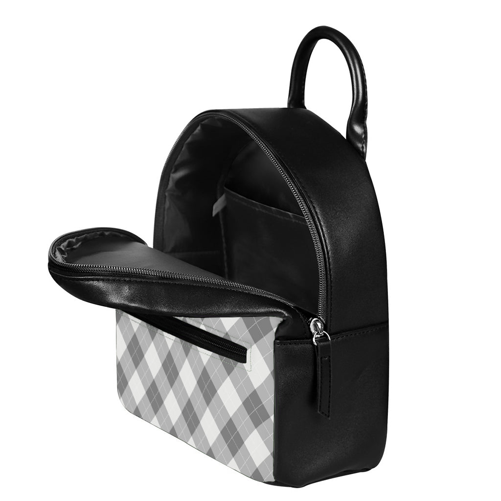 Grey Argyle Pattern Print Leather Backpack